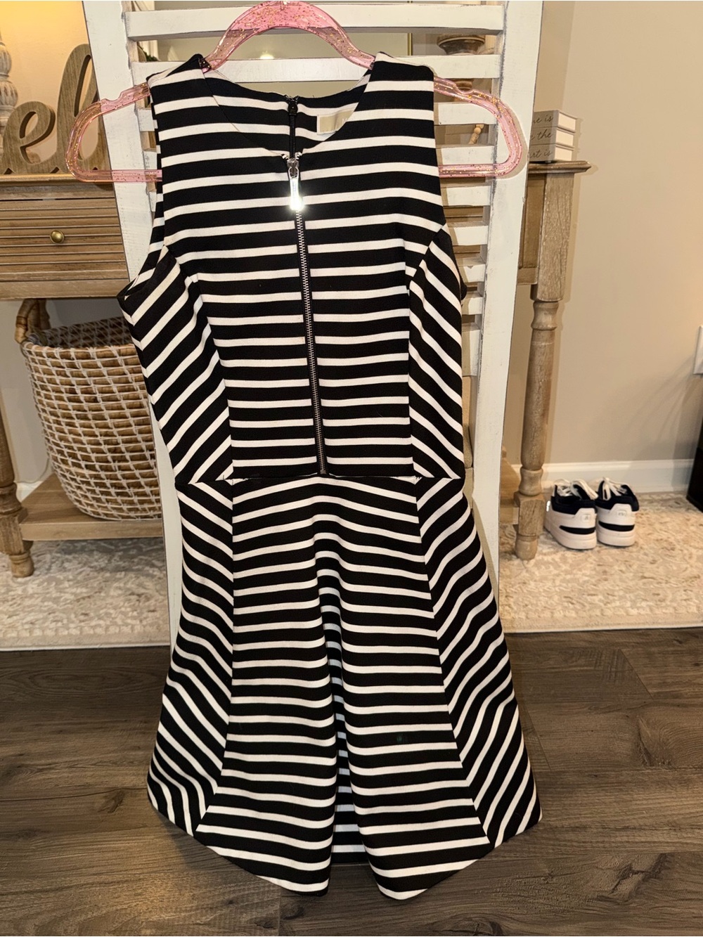 Michael Kors Black & White Striped Midi Fit-and-Flare Dress
